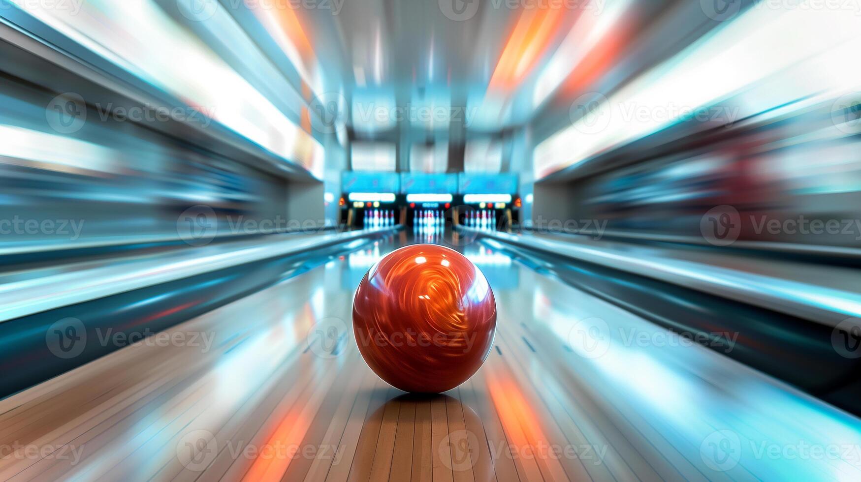This bright bowling ball rolls smoothly towards the pins in a lively bowling alley during a night out. photo