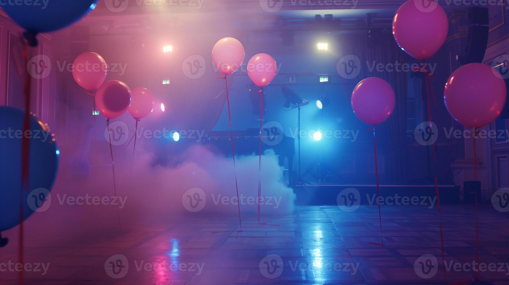 This balloon filled space lit by colorful lights creates a festive nightlife atmosphere. photo