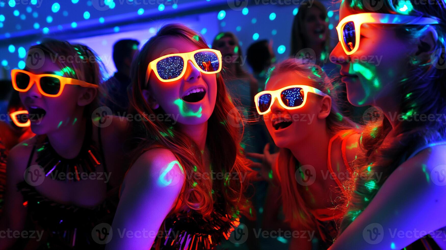 This Friends enjoy a lively party with colorful lights and fun outfits, creating a festive ambiance. photo