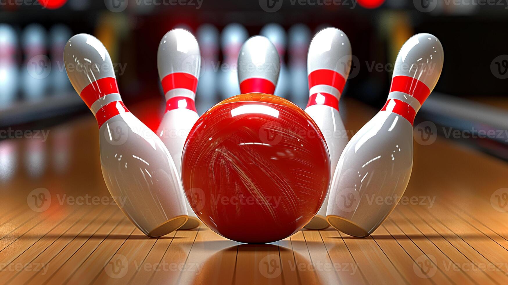 This Party atmosphere with a shiny red bowling ball aiming at the colorful pins in a lively alley. photo