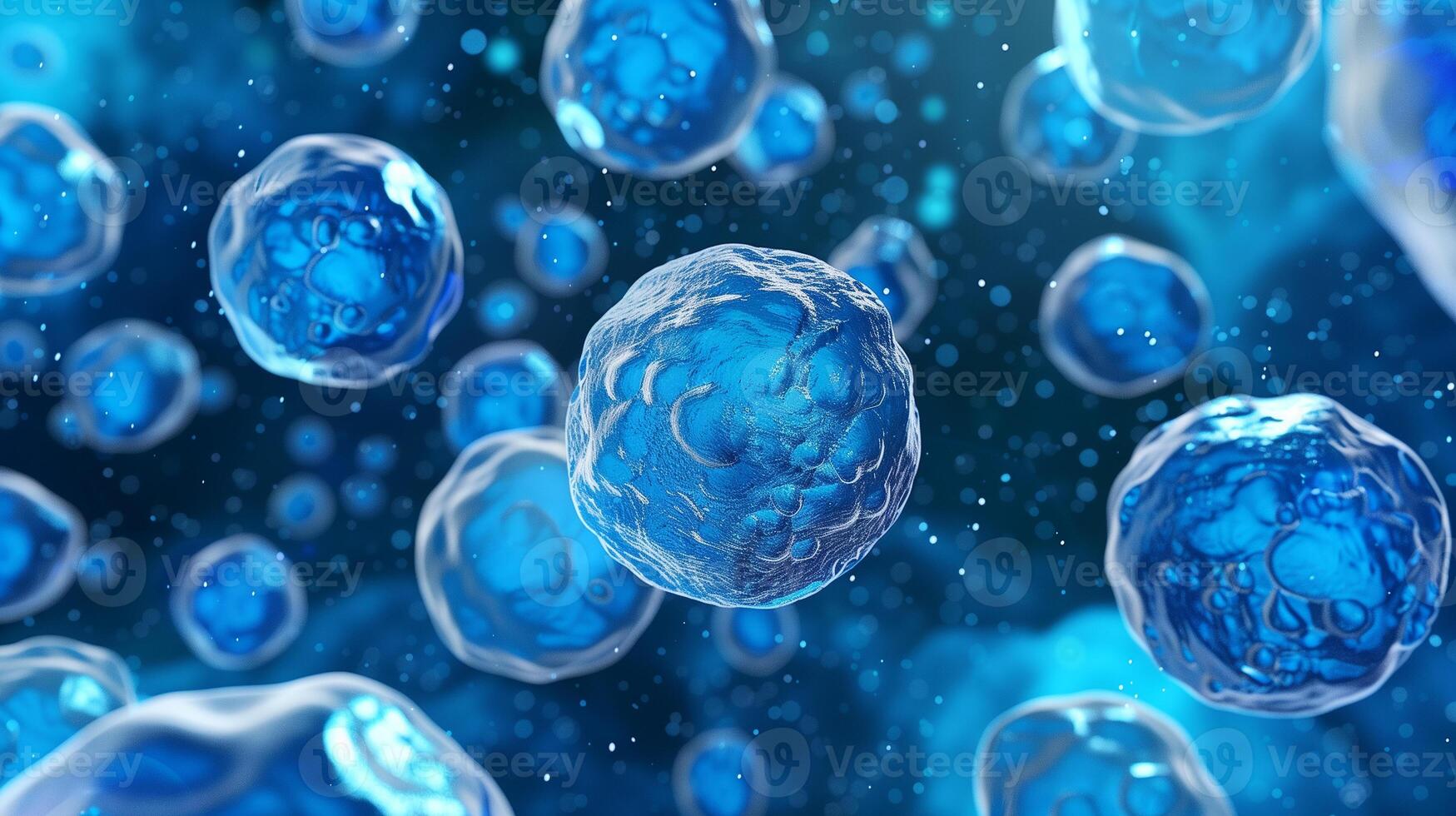 This Vibrant pluripotent stem cells float in a rich blue setting, symbolizing regeneration. photo