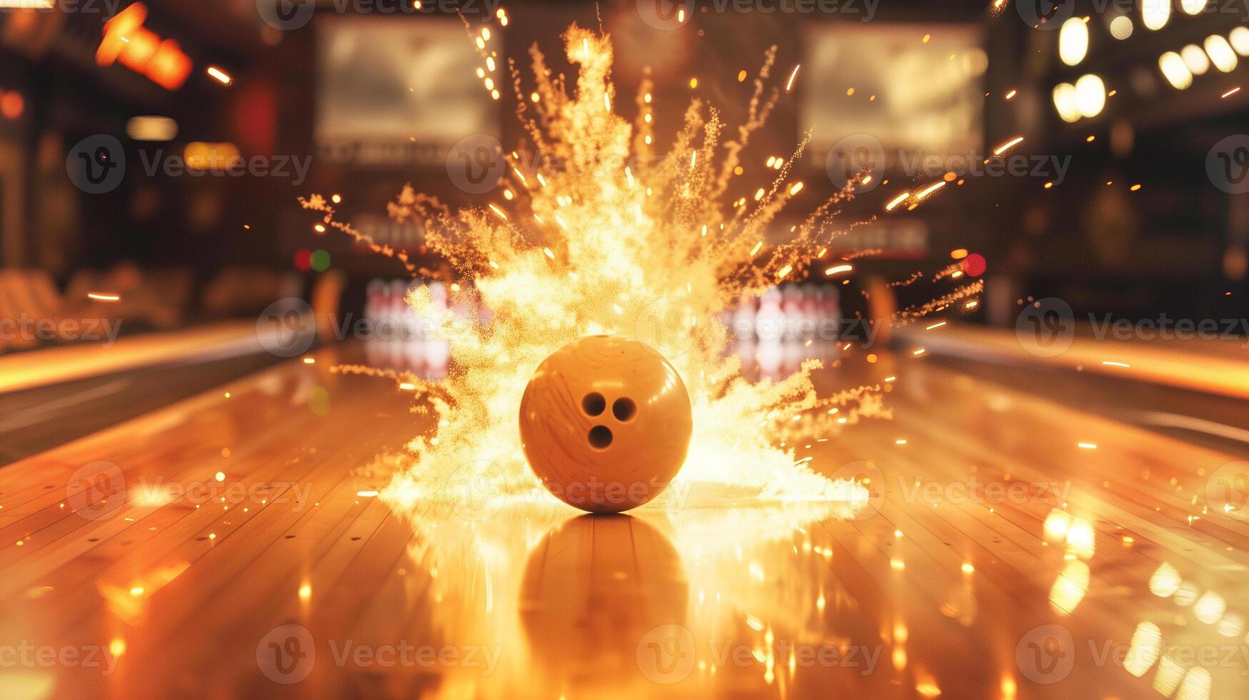 This bowling ball crashes into the pins, creating a vibrant explosion of light and energy at a party. photo