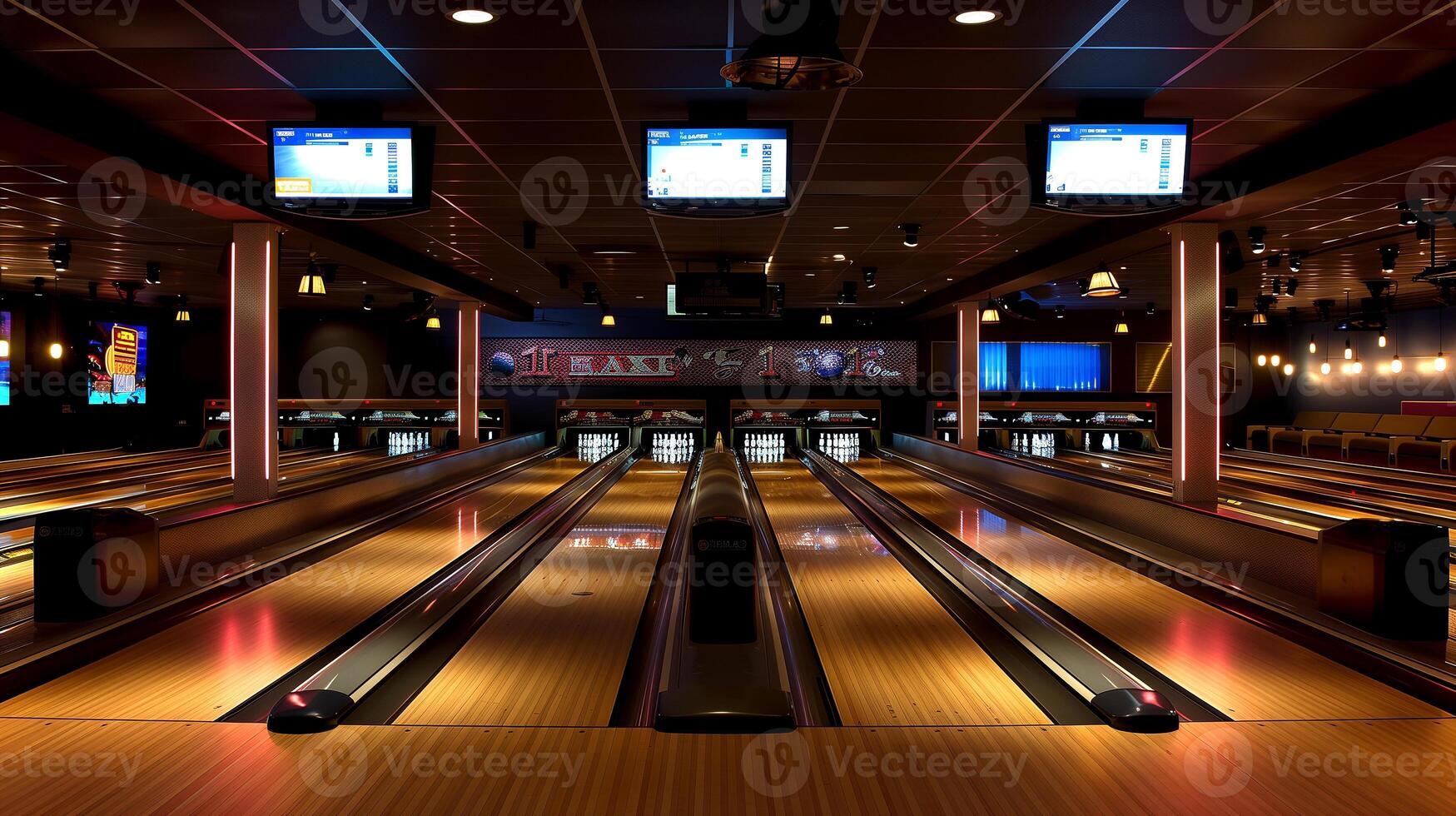 This Lively bowling alleys are busy with friends enjoying a fun night of bowling and drinks. photo
