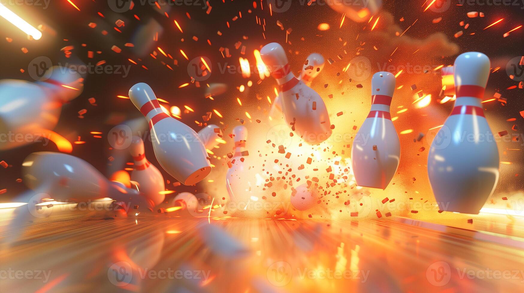 This bowler knocks down pins in a lively alley on a festive evening. photo