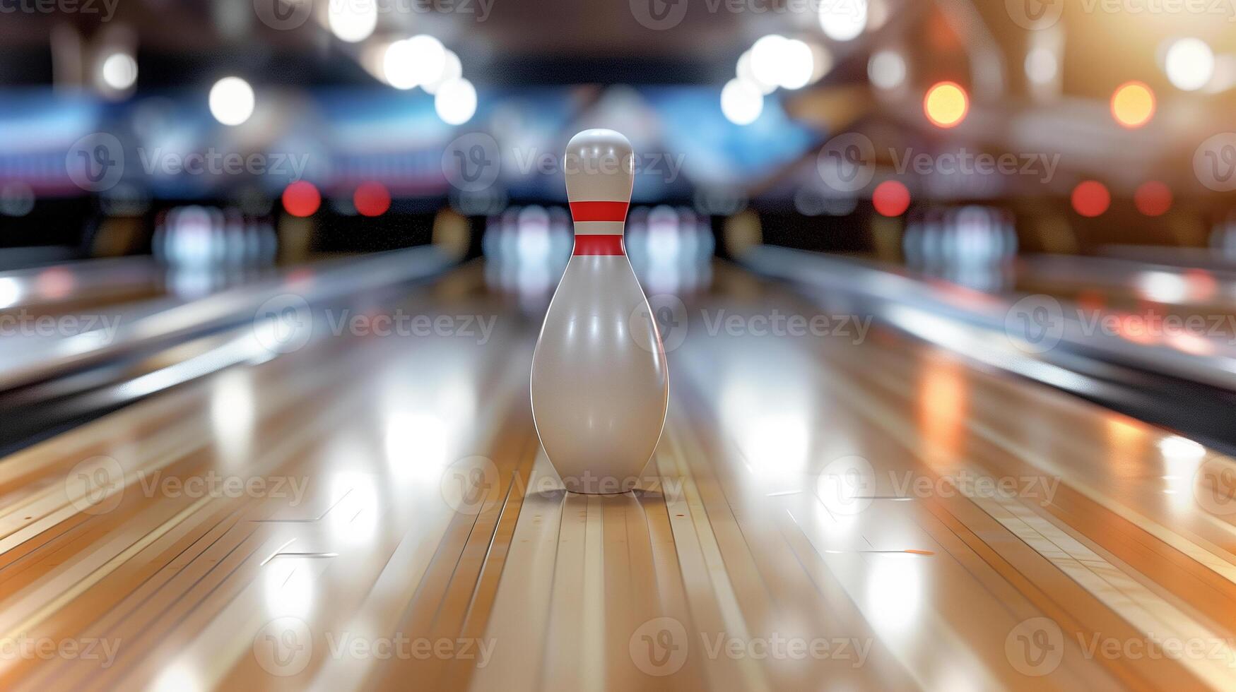 This lone bowling pin on a shiny lane captures the thrill of a lively nightlife party. photo