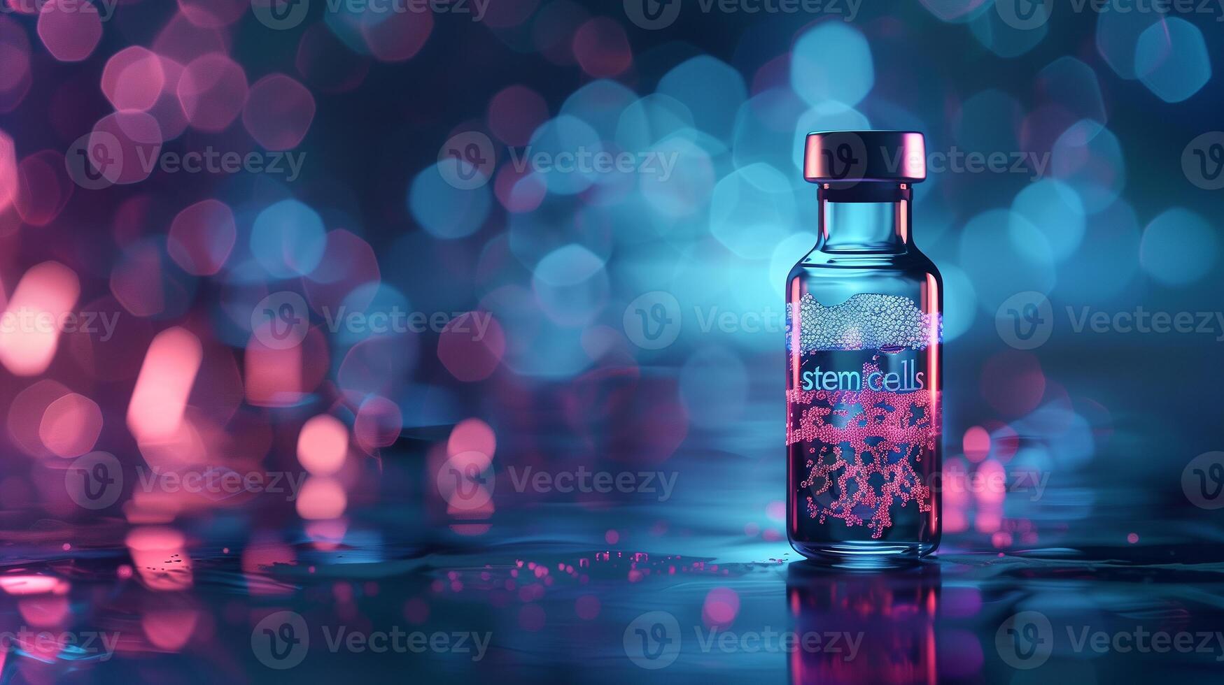 This glass vial containing stem cells stands out against a vibrant lab background with colorful lights. photo