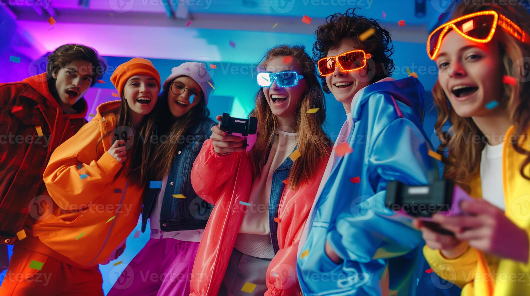 This Friends celebrate together at a lively party, wearing bright outfits and playing games. photo