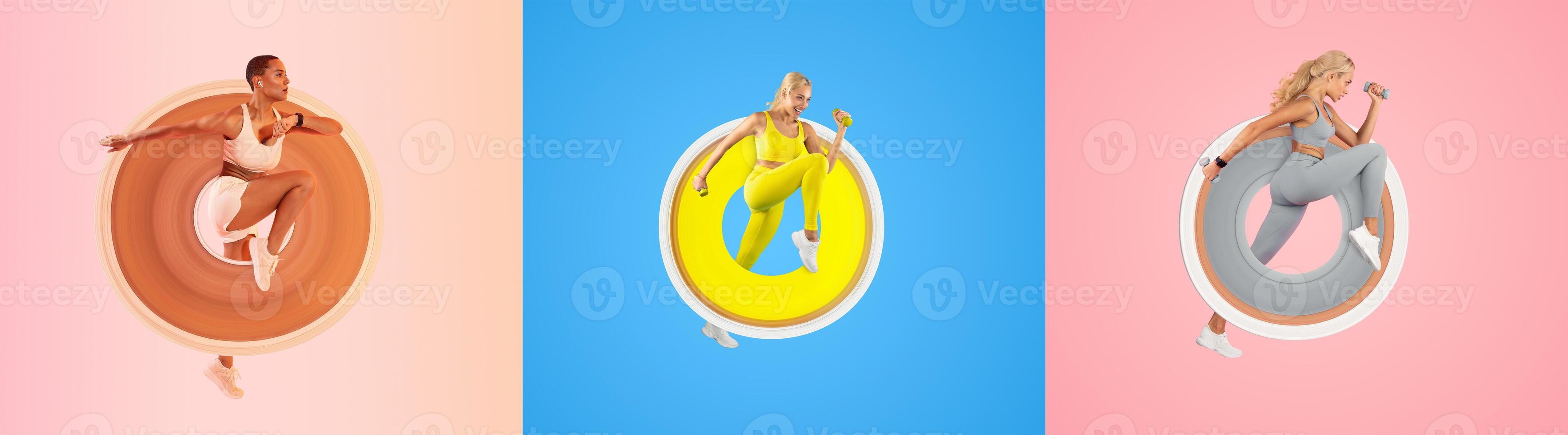 Three fit individuals are engaged in different athletic exercises against colorful backgrounds. Each person showcases their unique workout style, emphasizing a healthy lifestyle. photo