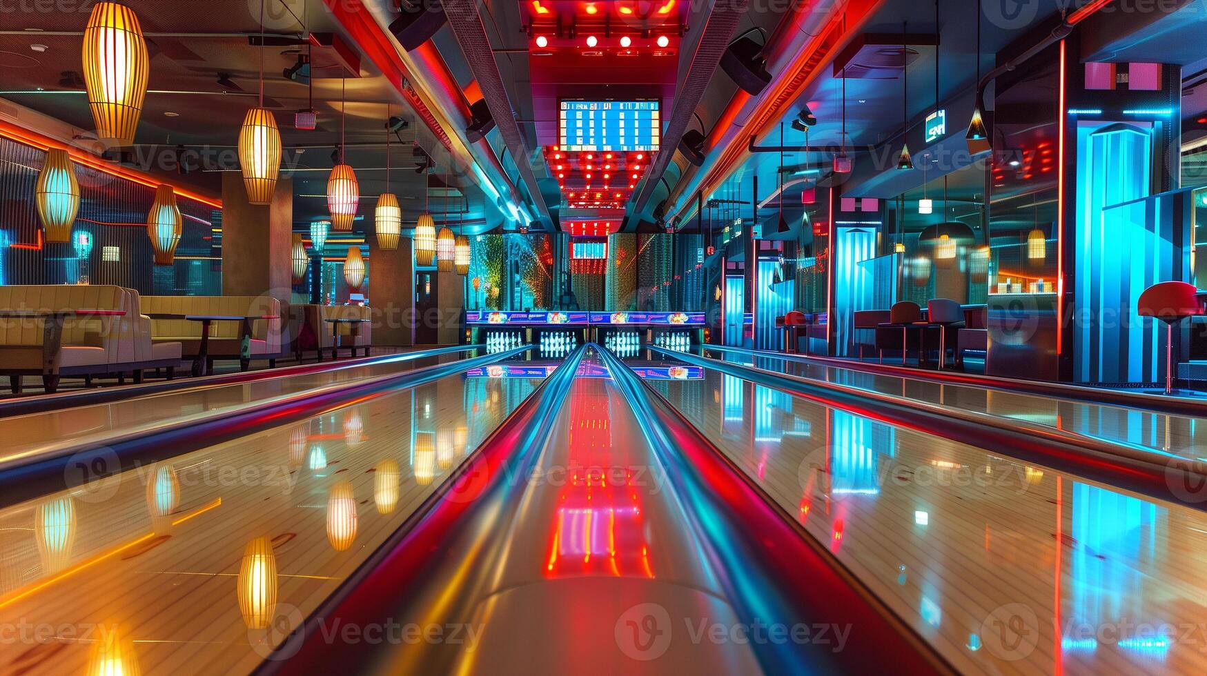 This Bowling enthusiasts enjoy a lively evening filled with fun and excitement in a colorful setting. photo