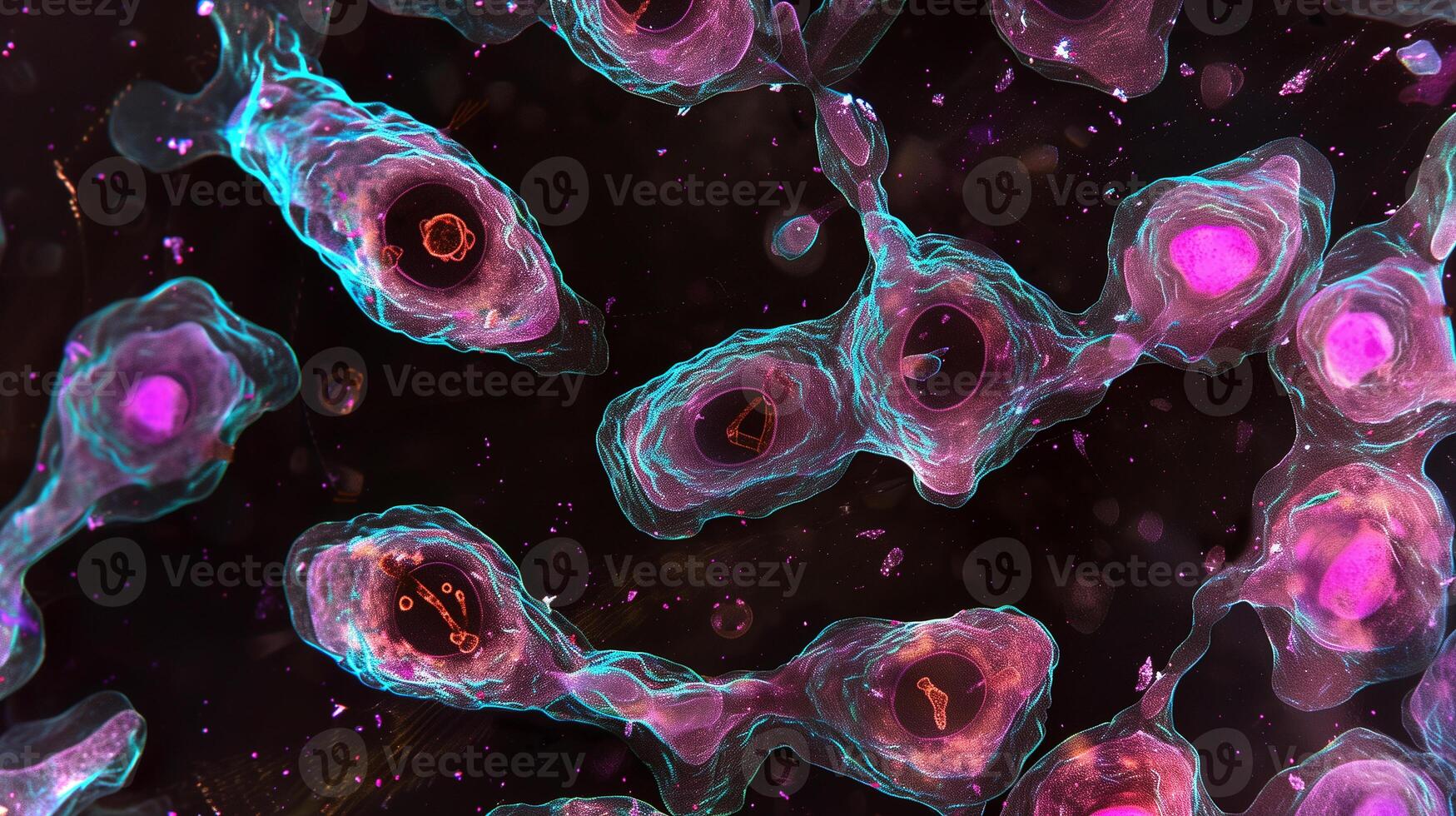 This Colorful representation of pluripotent stem cells under a microscope reveals cell structures. photo
