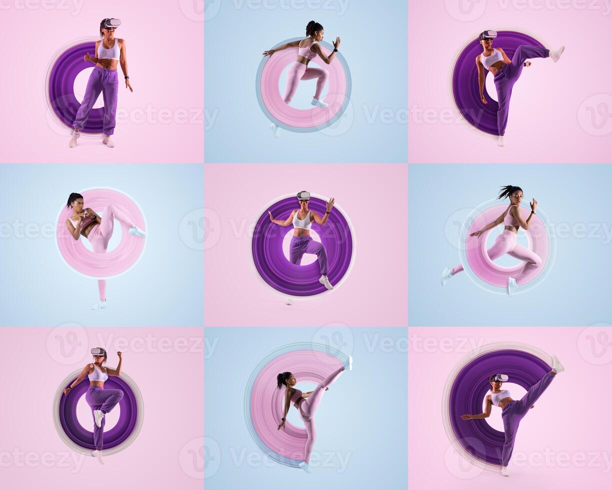 Dynamic young individuals showcase a variety of athletic movements in an energetic collage. photo