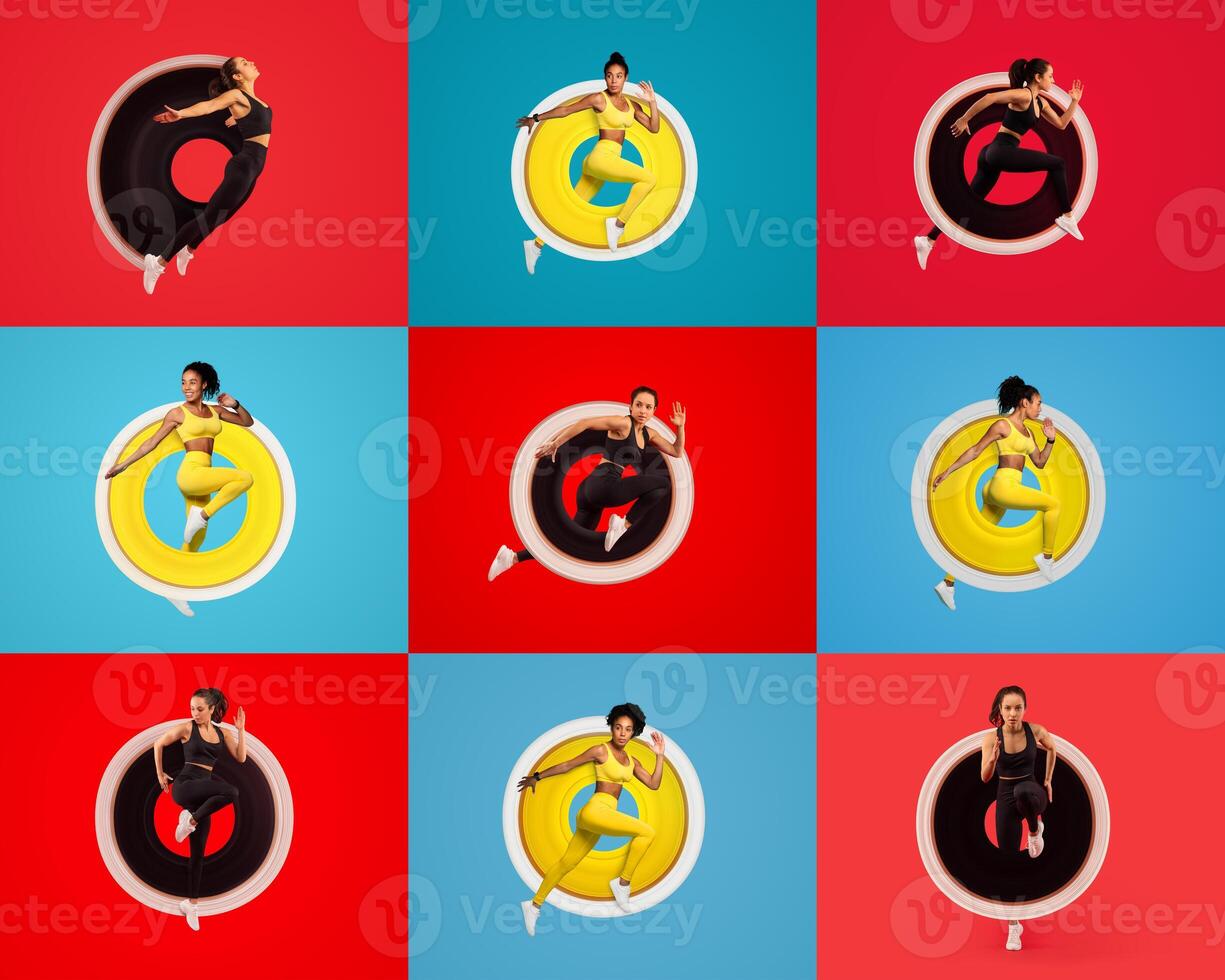 Nine athletes in energetic poses illustrate varied fitness activities against colorful backgrounds. The collage emphasizes a healthy lifestyle and the joy of exercising together as millennials. photo
