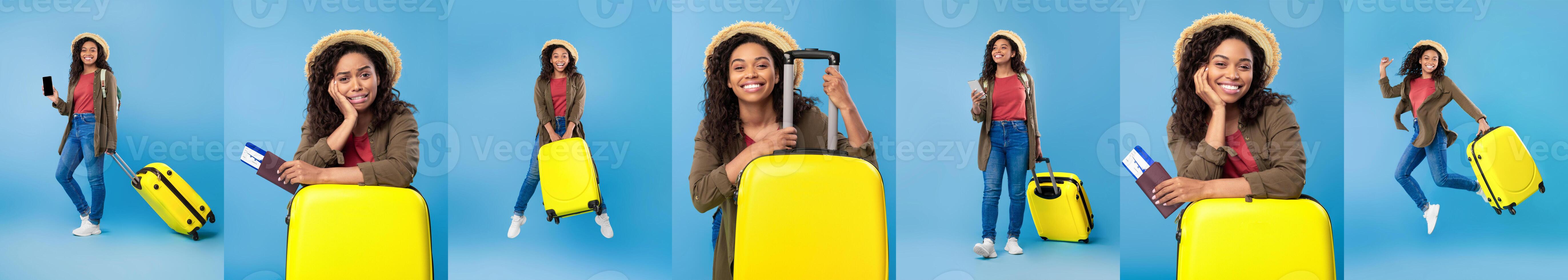 A cheerful traveler poses with a yellow suitcase and travel essentials, showcasing excitement for an upcoming journey. She displays an active and adventurous spirit, ready for exploration. photo