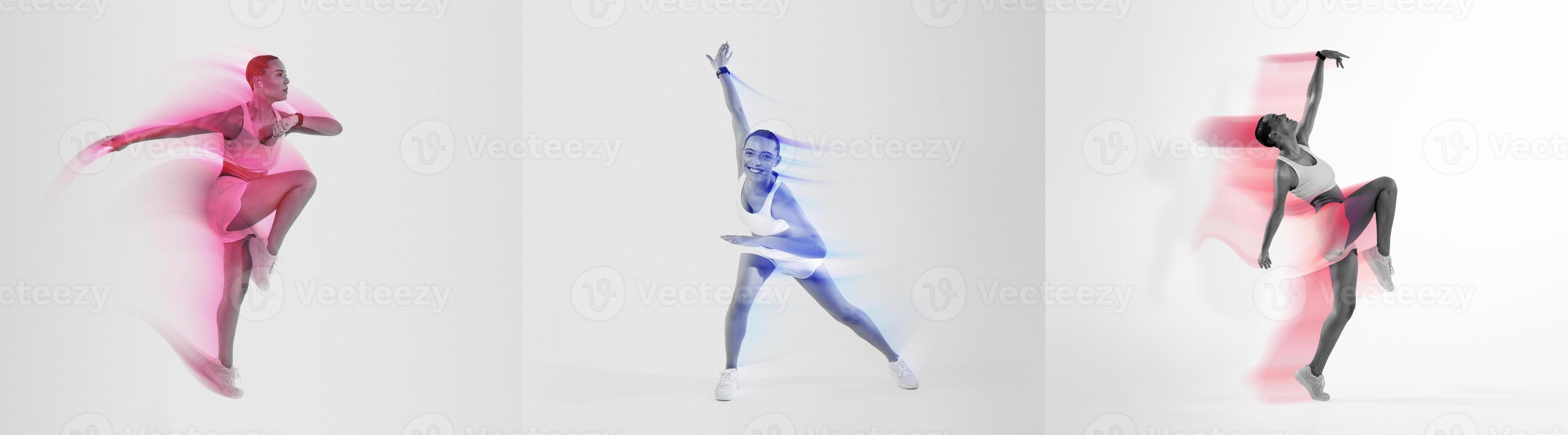 Three athletes perform dynamic exercises, demonstrating strength and agility. The vibrant design highlights their dedication to an active, healthy lifestyle against a minimalist backdrop. photo