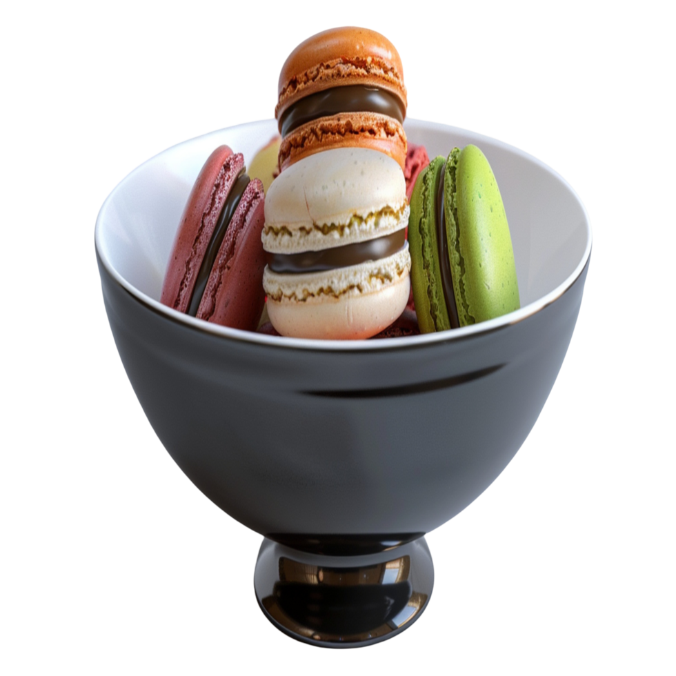 Colorful Macarons in Black Bowl with Orange Pink Green and White png