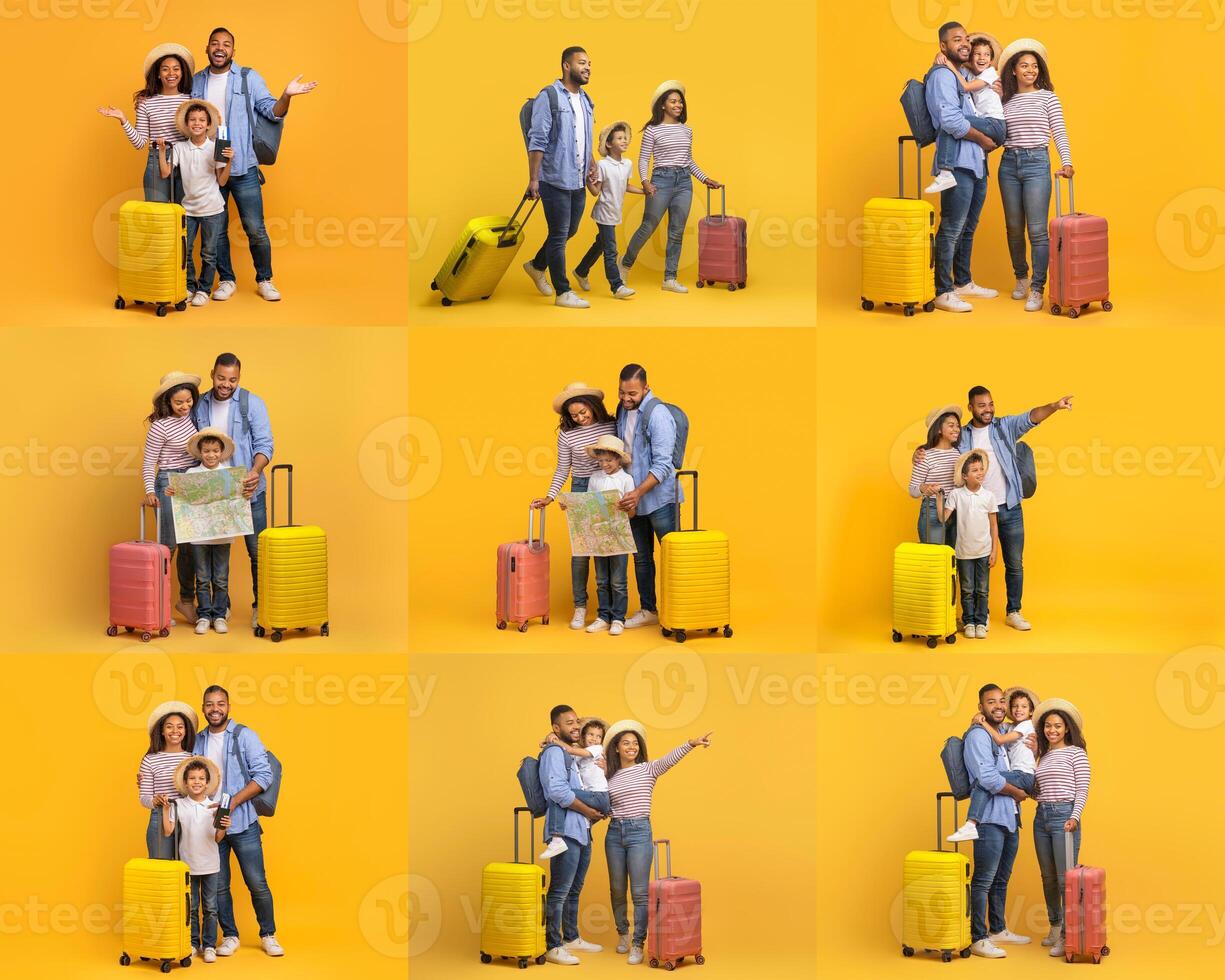 Families are joyfully preparing for their travels with bright suitcases and maps against a cheerful yellow backdrop. Their smiles reflect the excitement of exploration and adventure. photo