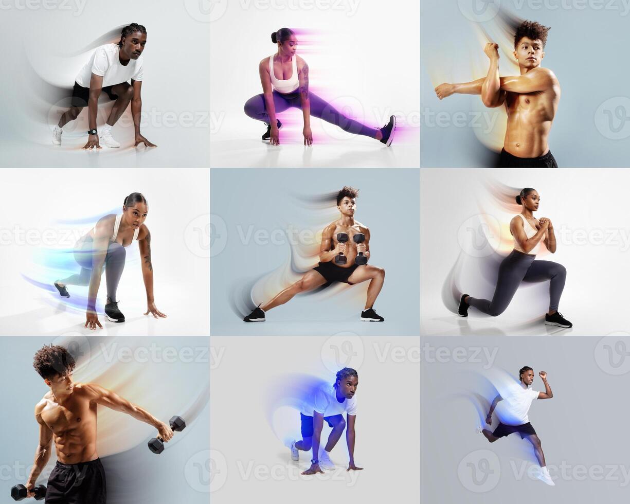 In a vibrant collage, individuals engage in various fitness routines, highlighting strength and agility through stretching, lifting weights, and dynamic movements. photo
