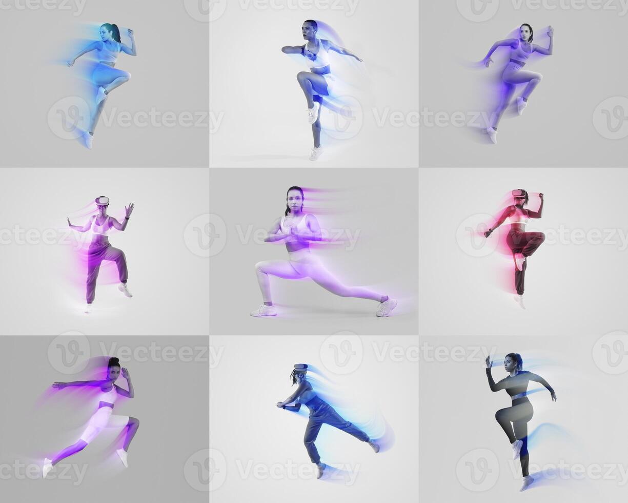 A vibrant collage displays multiple fit individuals in various athletic poses, emphasizing movement and energy. photo
