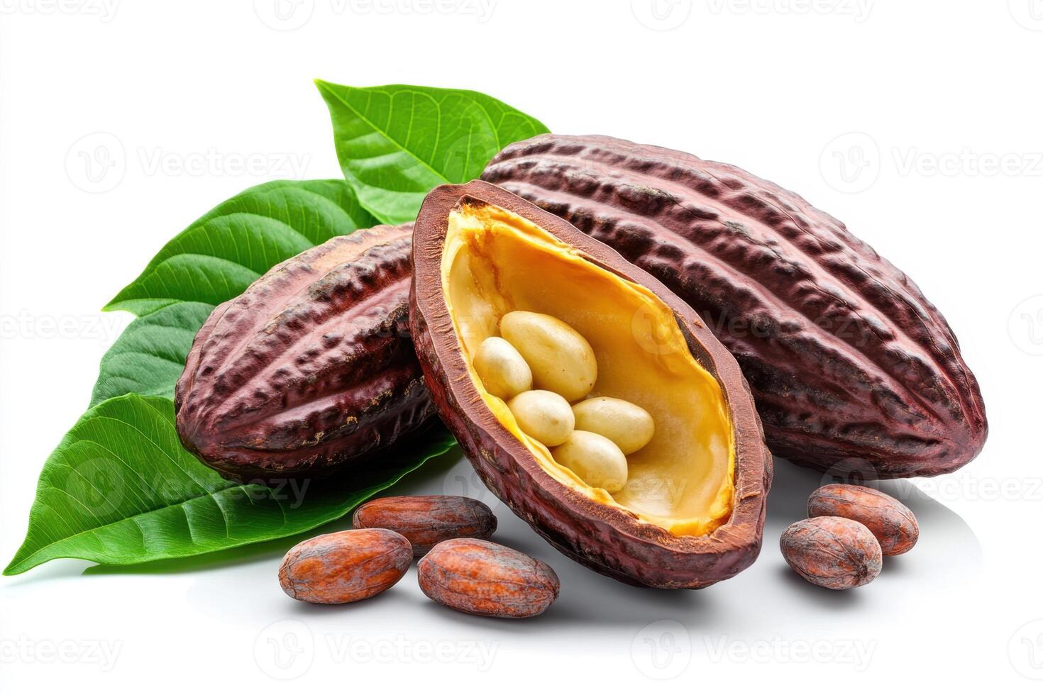 Fresh cocoa pods and seeds with green leaves on a white background photo