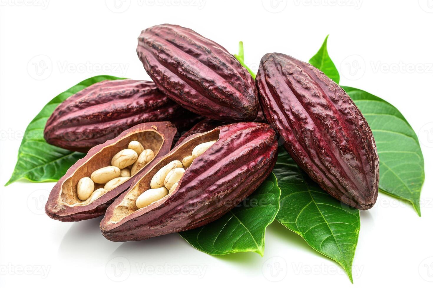 Fresh cacao pods and seeds on green leaves in natural setting photo