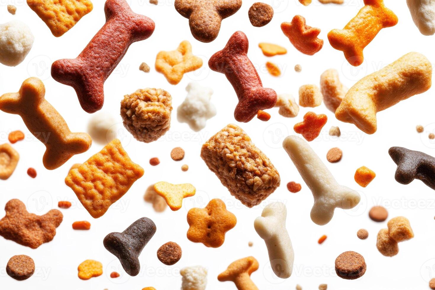 Colorful dog treats scattered on a white background photo