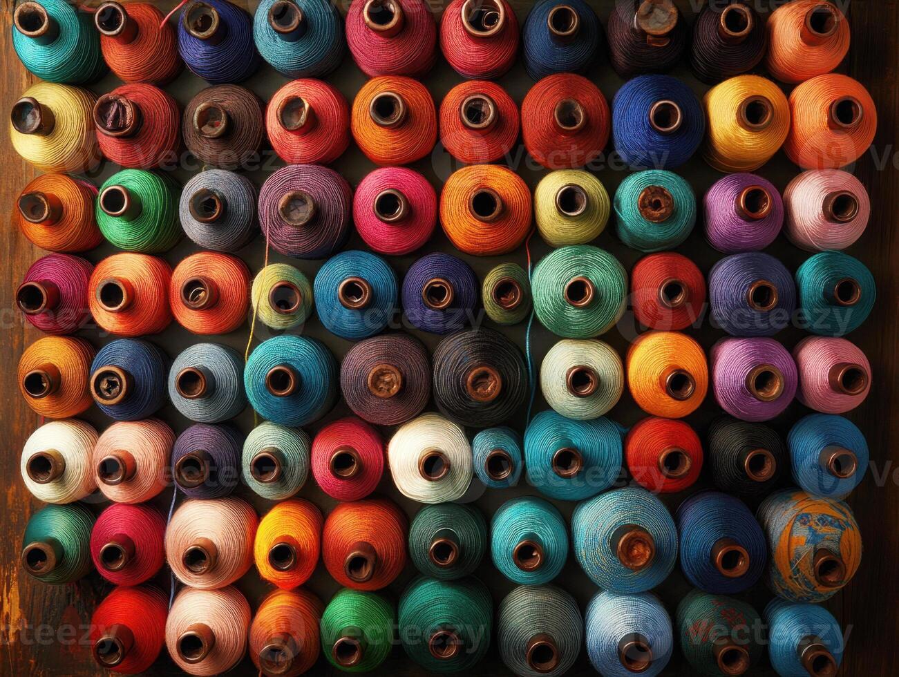 Vibrant assortment of colorful threads displayed on spools photo