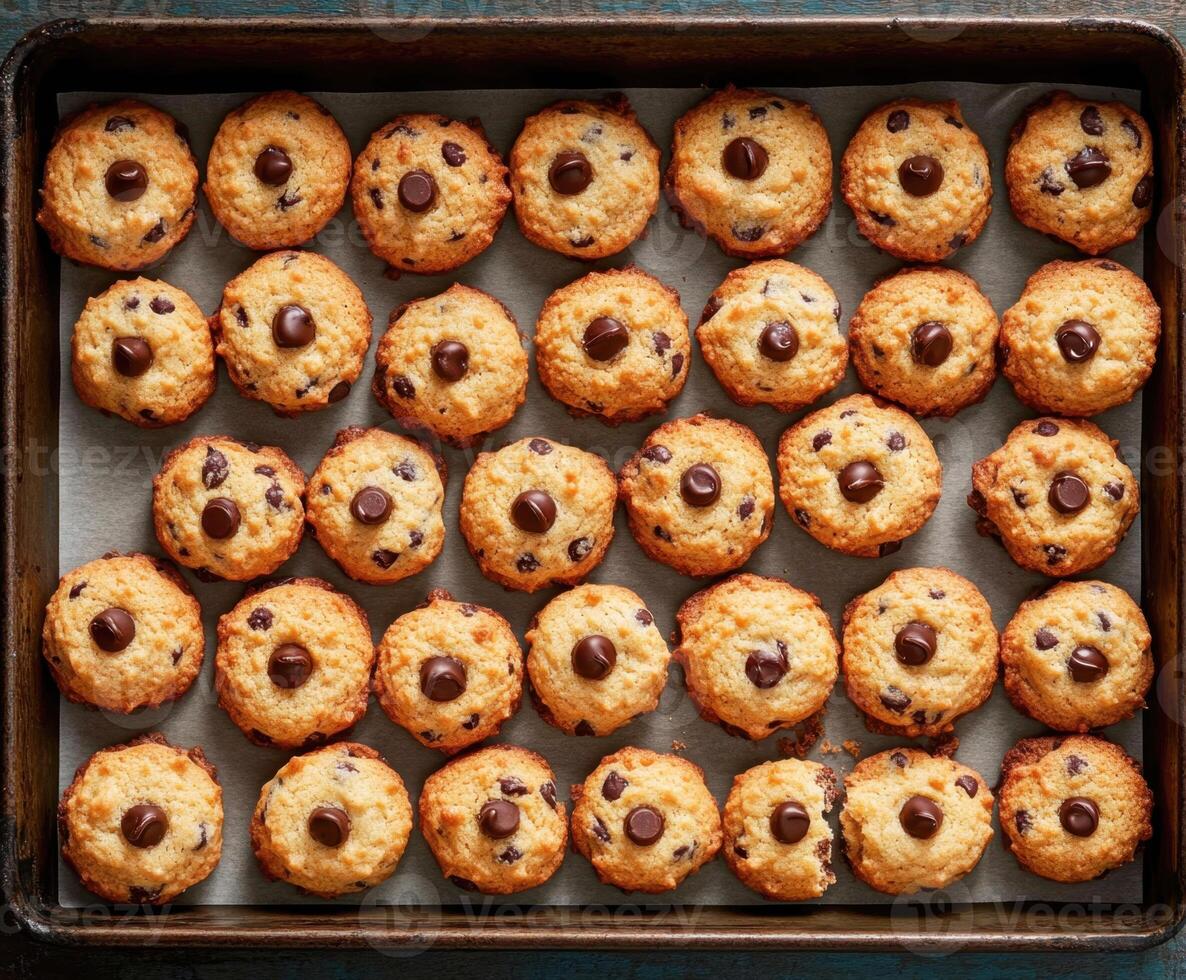Freshly baked chocolate chip cookies on a cooling tray photo
