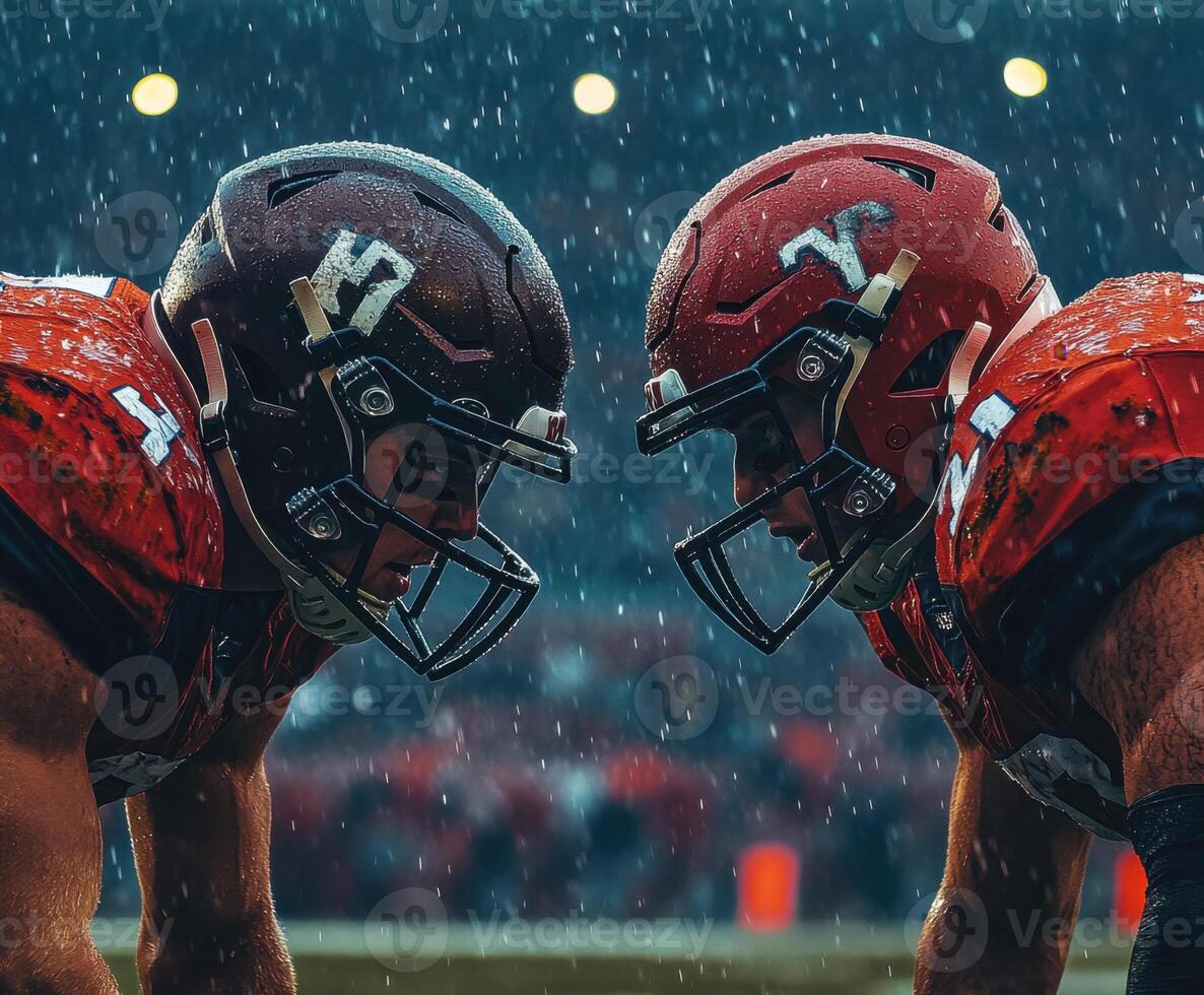 Intense football duel in the rain during a night game photo