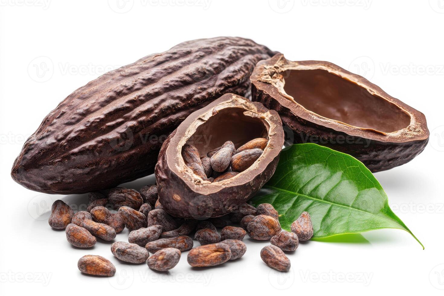 Cocoa pod sliced open to reveal cocoa beans and leaves photo