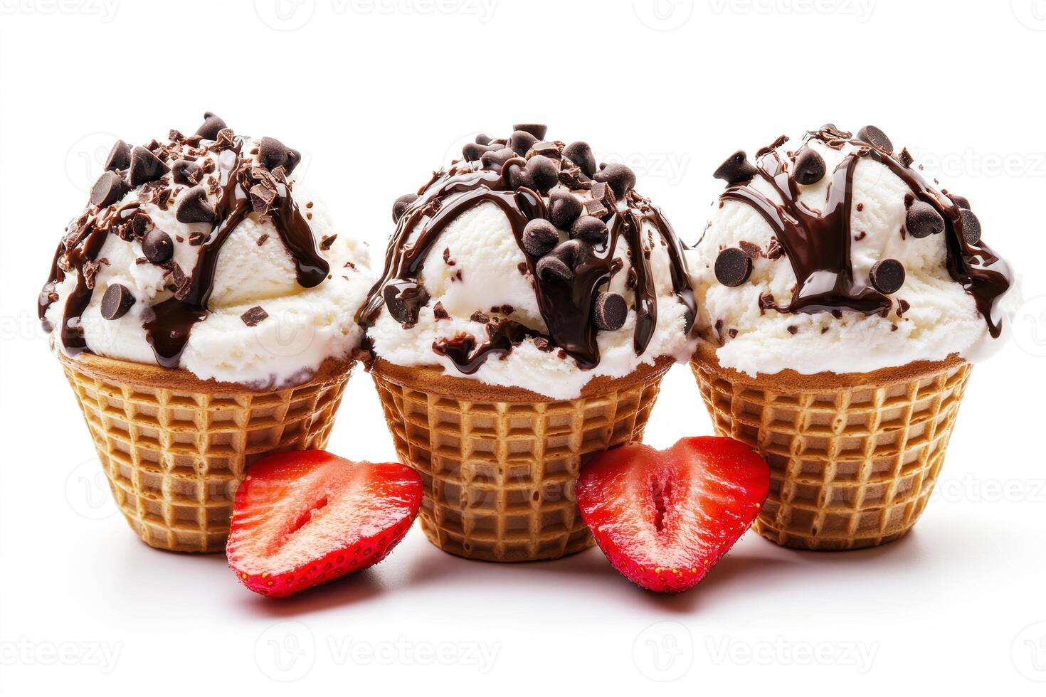 Delicious ice cream cones topped with chocolate and strawberries photo