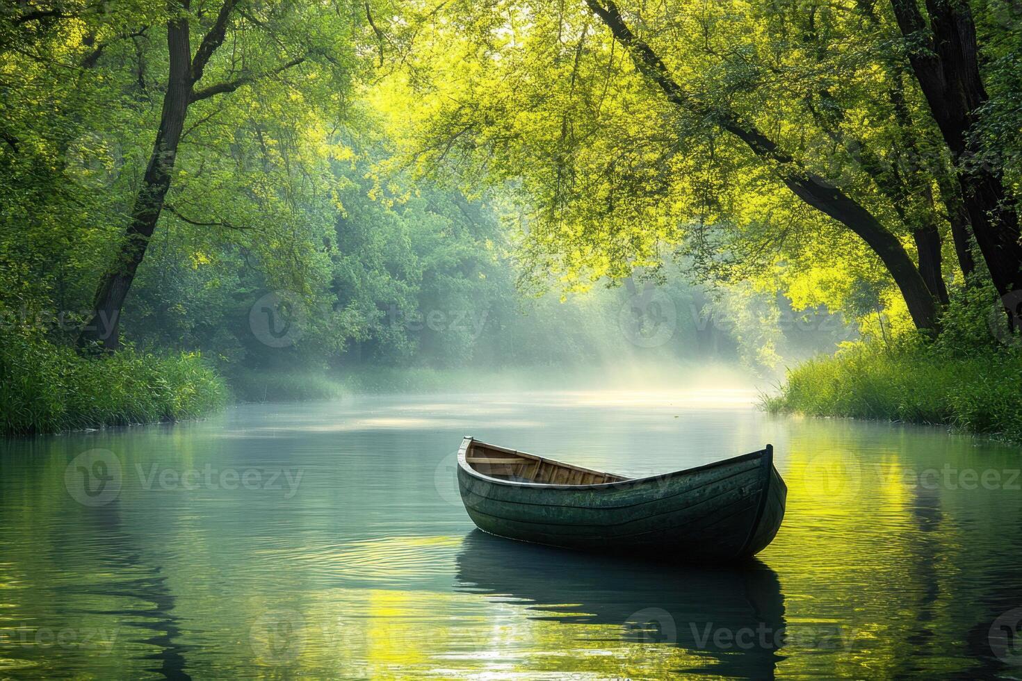 Tranquil boat on a serene river surrounded by lush greenery photo