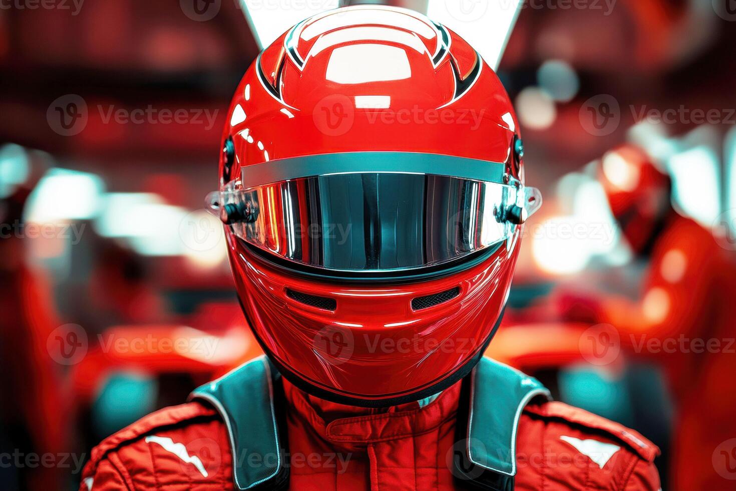 Racing driver in striking red helmet prepares for competition photo