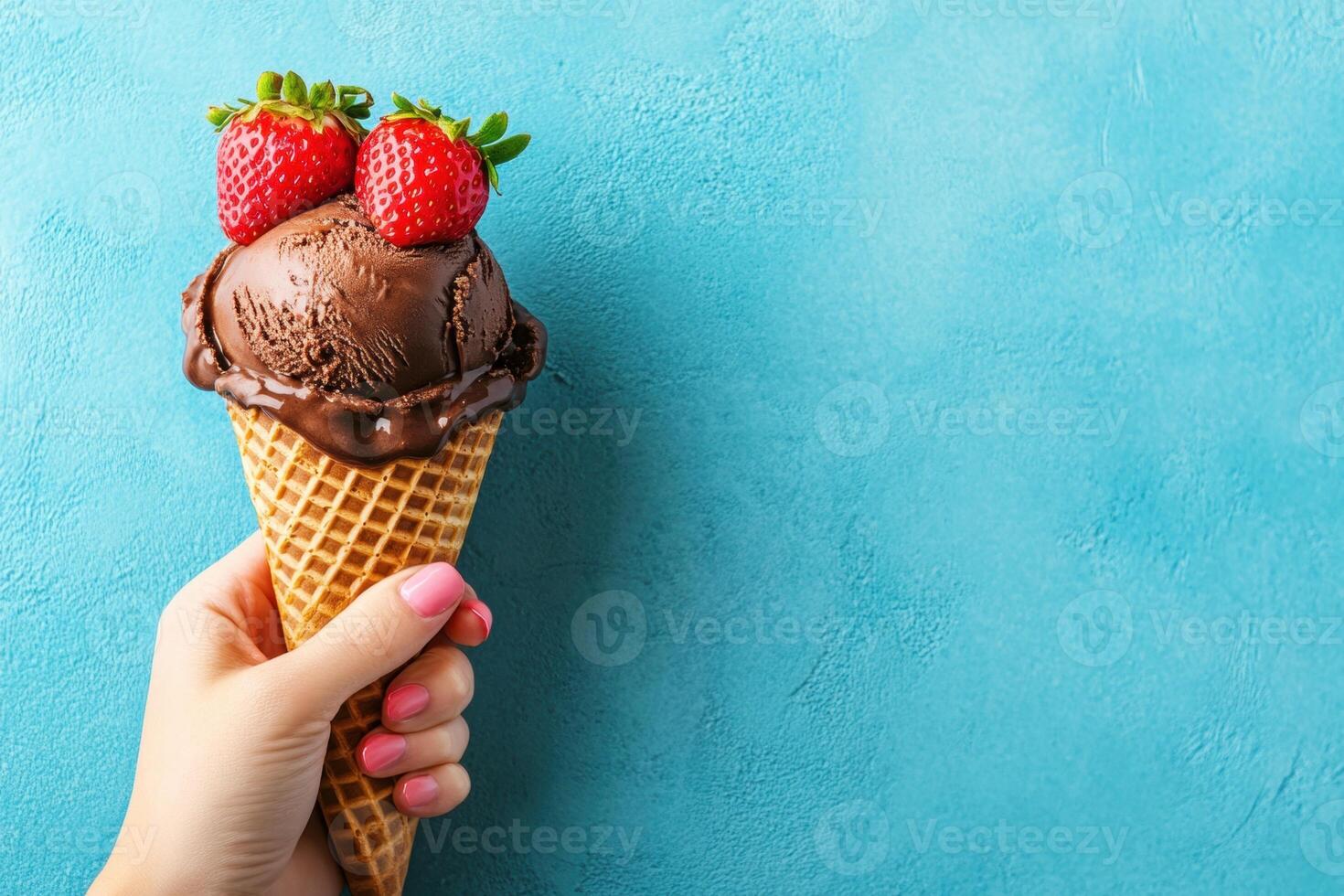 Delicious chocolate ice cream cone topped with fresh strawberries photo