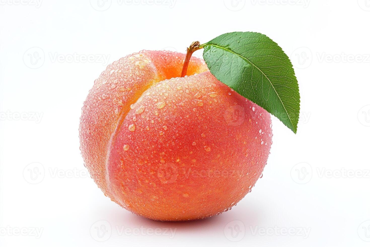 Fresh peach with dew drops and a green leaf on a white background photo
