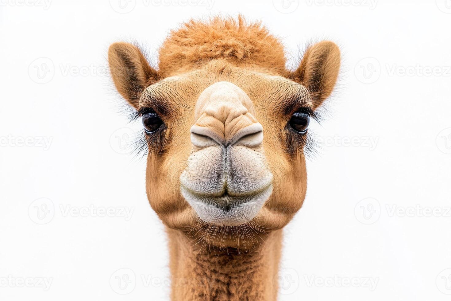 Camel with expressive features against a plain background photo