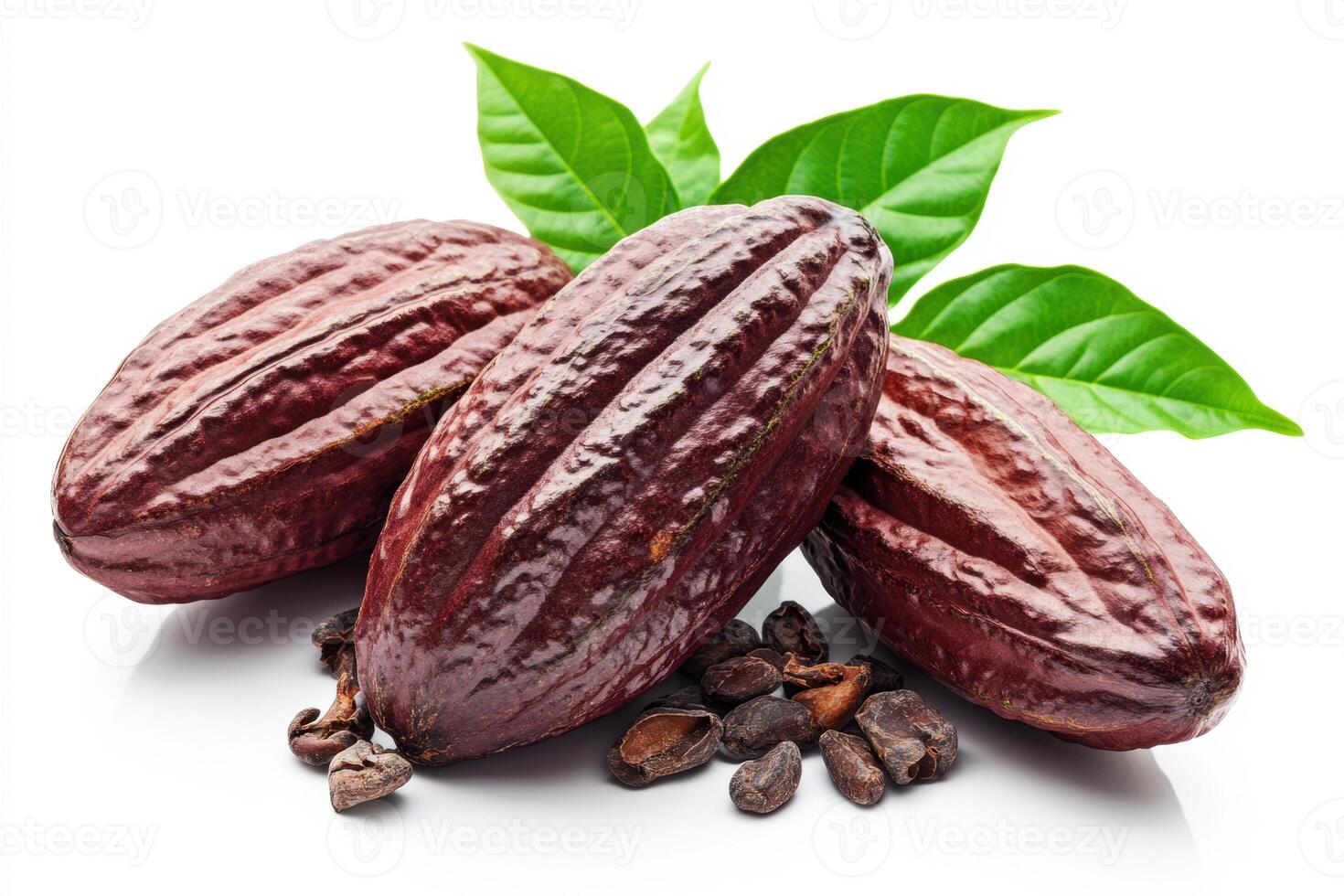Cacao pods with leaves and cocoa beans on a white background photo