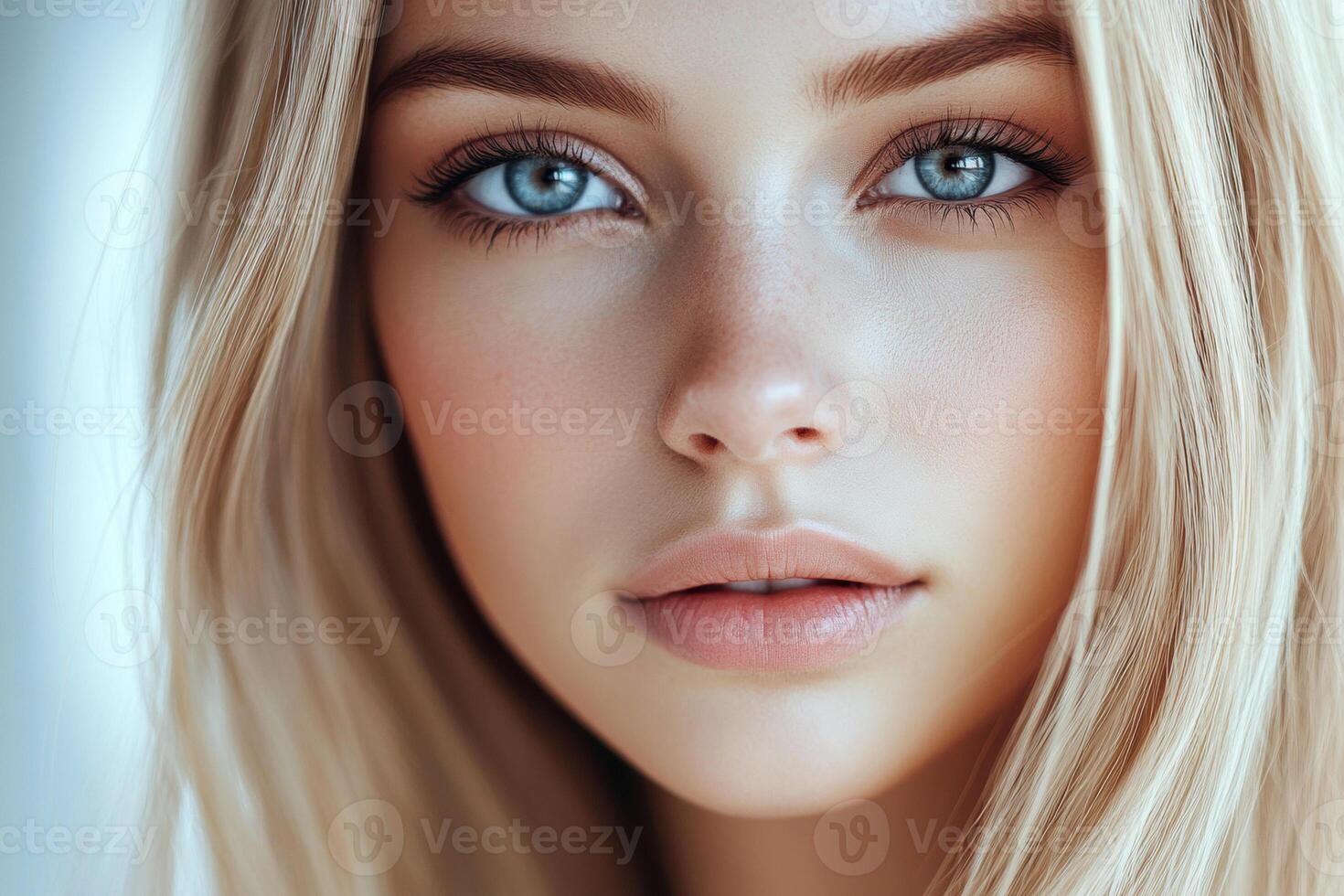Woman with striking blue eyes and fair hair in natural light photo
