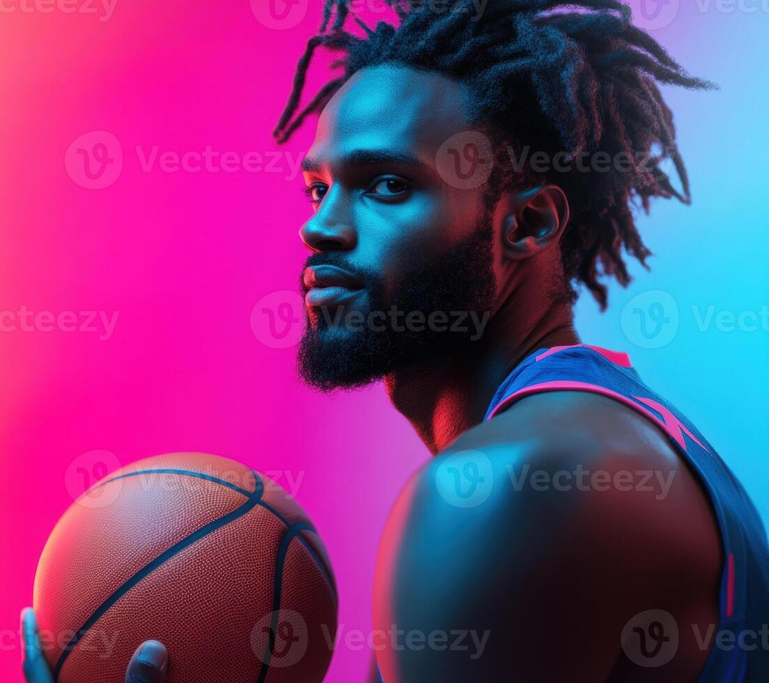 Dynamic portrait of a basketball player with vibrant lighting photo