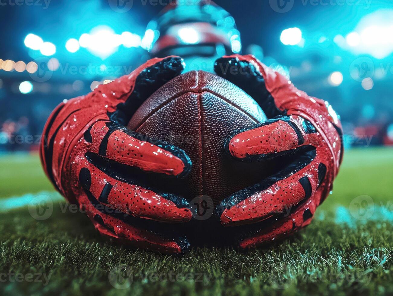 Close-up of football player gripping ball on field at night photo