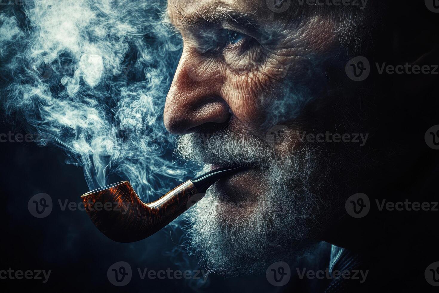 Wise elder enjoying pipe smoking in dim light setting photo