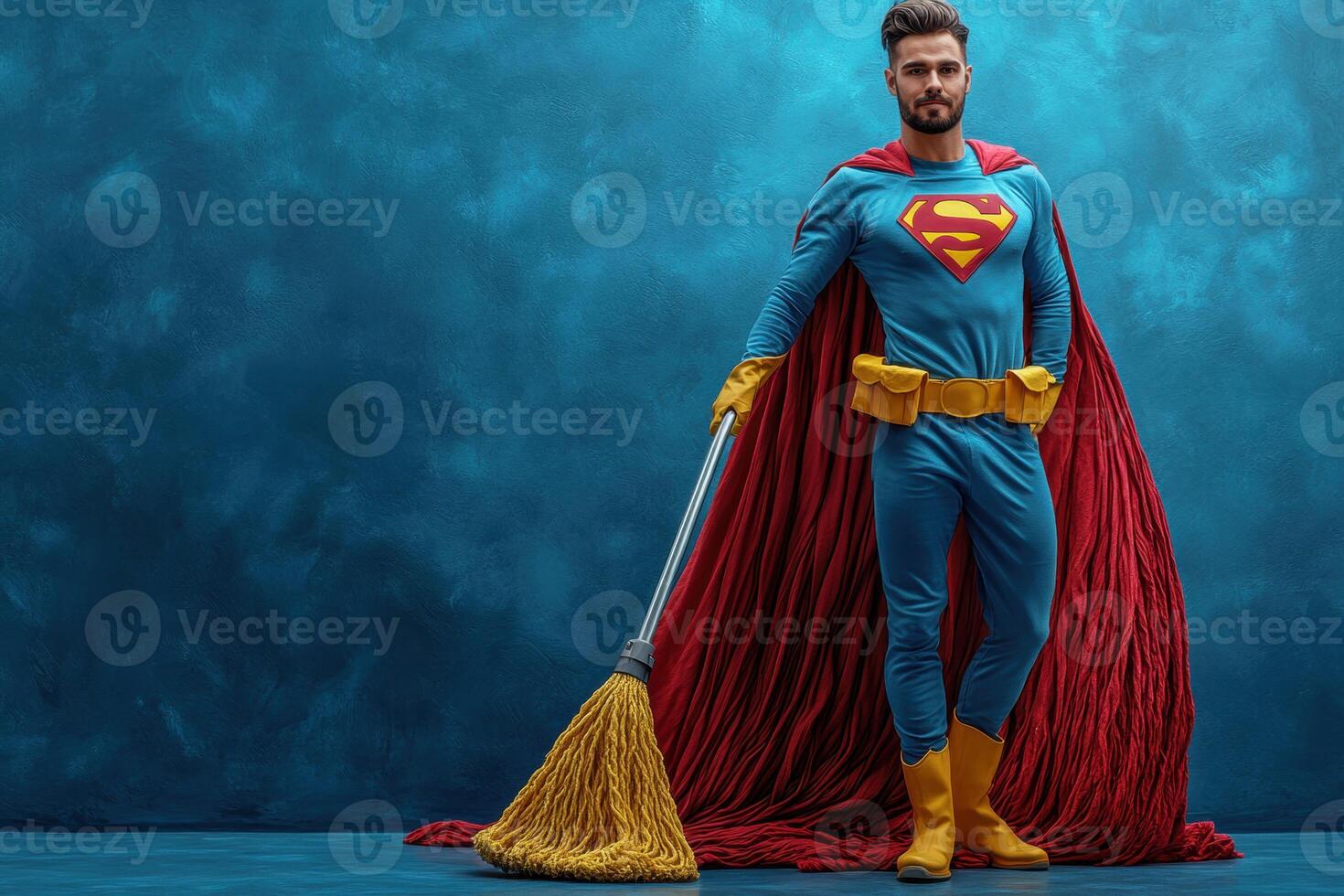 Superhero in costume cleaning with a broom in a studio setting photo
