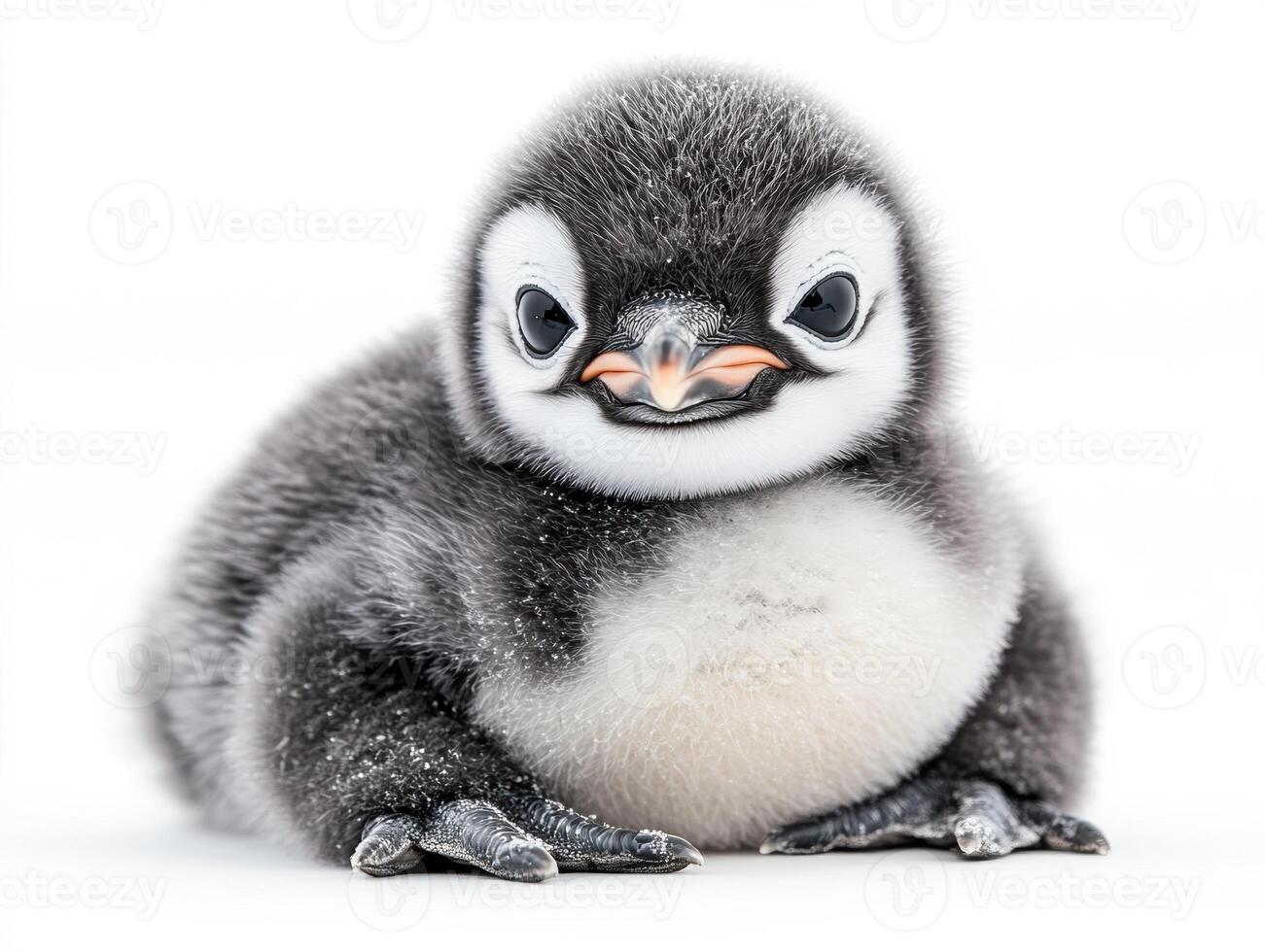 Cute baby penguin looking curiously at the camera in a bright setting photo
