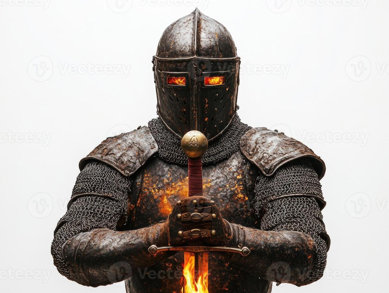 Armored knight with a glowing sword on a neutral backdrop photo