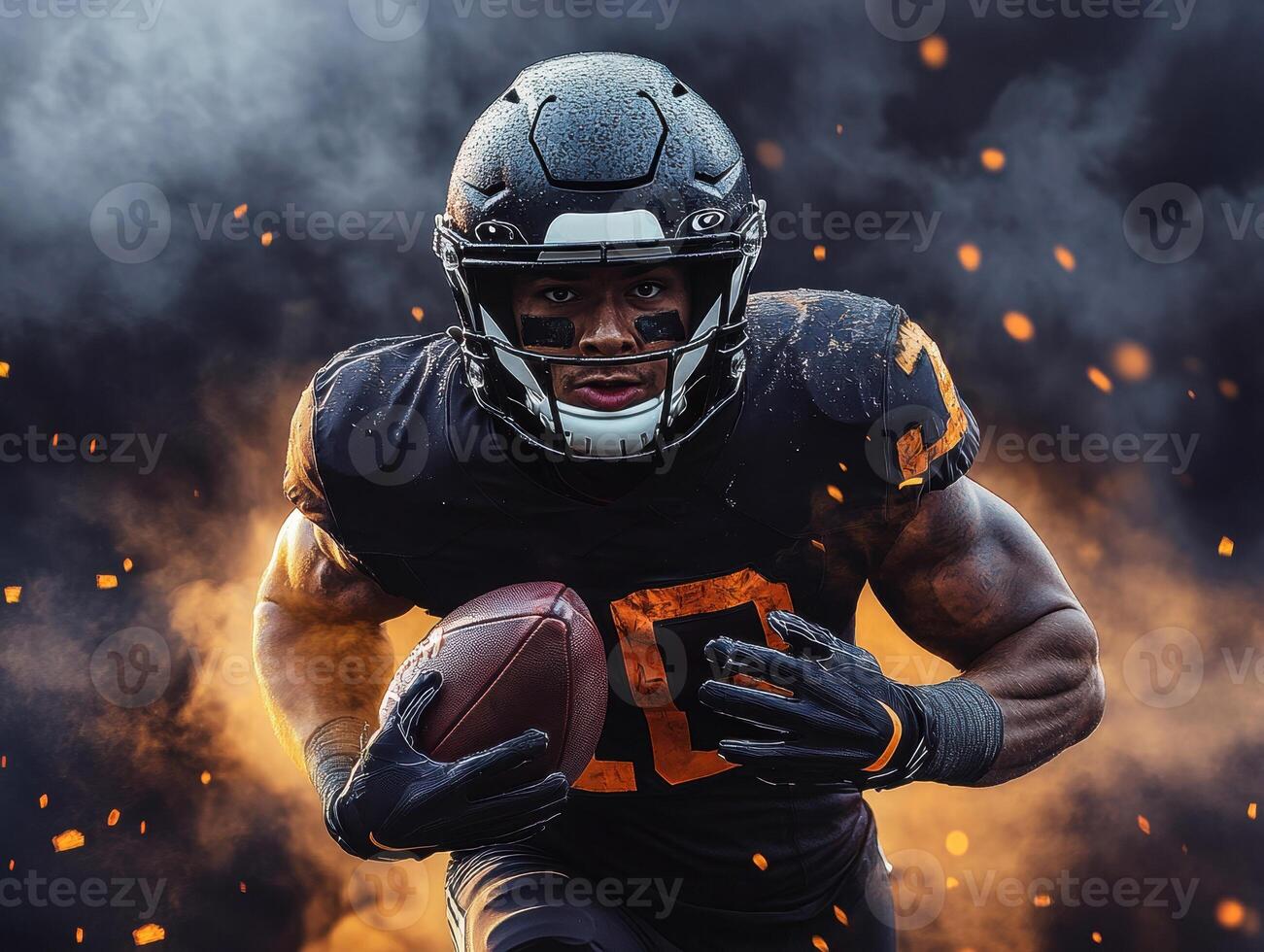 Intense football player charges through smoky backdrop during game photo