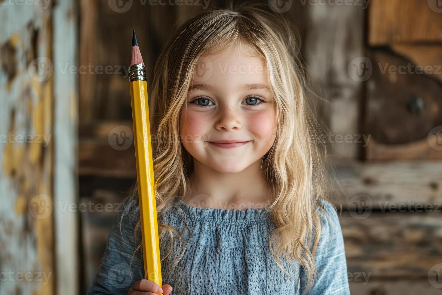 Young girl smiles with a pencil in hand at an artistic backdrop photo