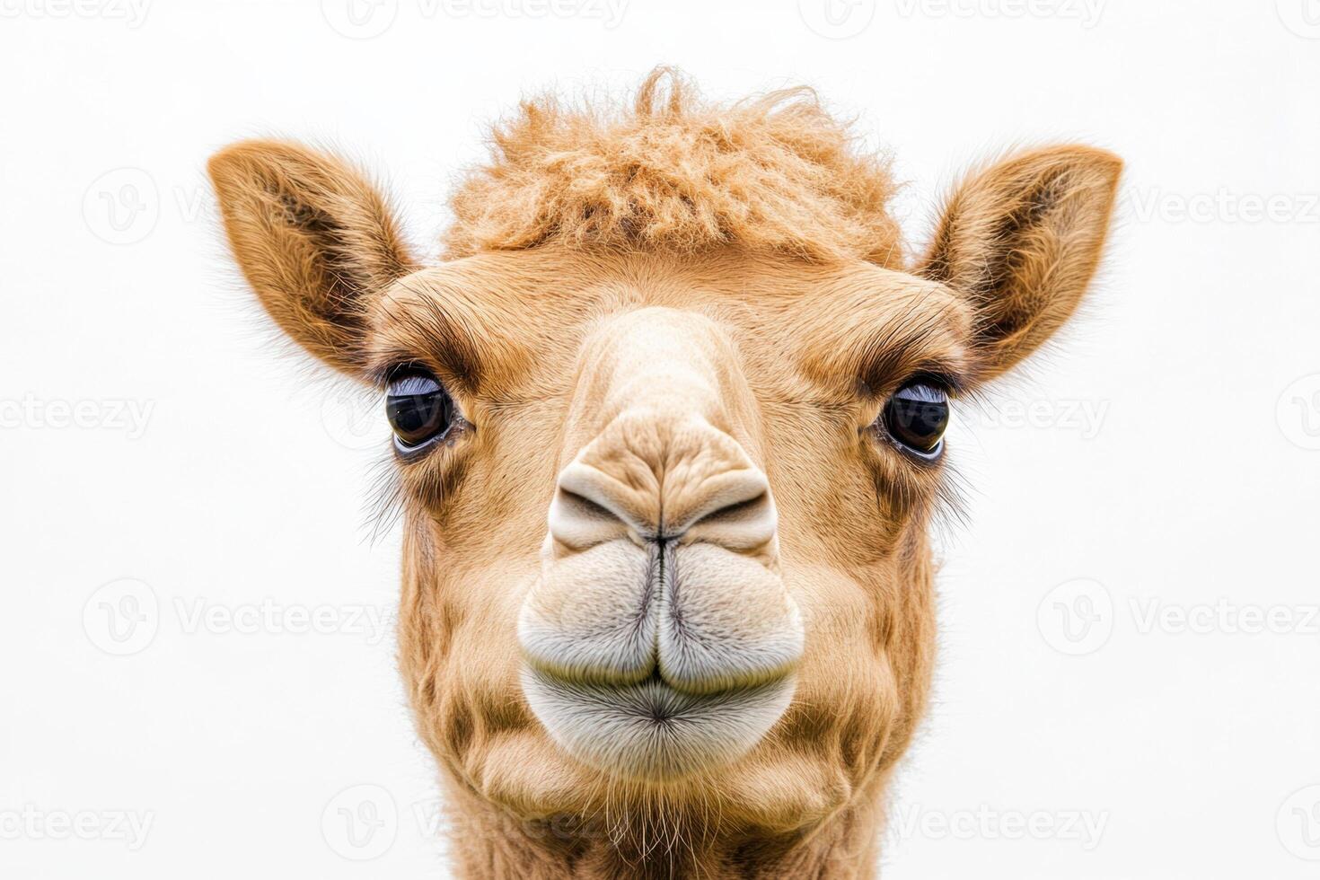Camel gazes with curiosity against a white background photo
