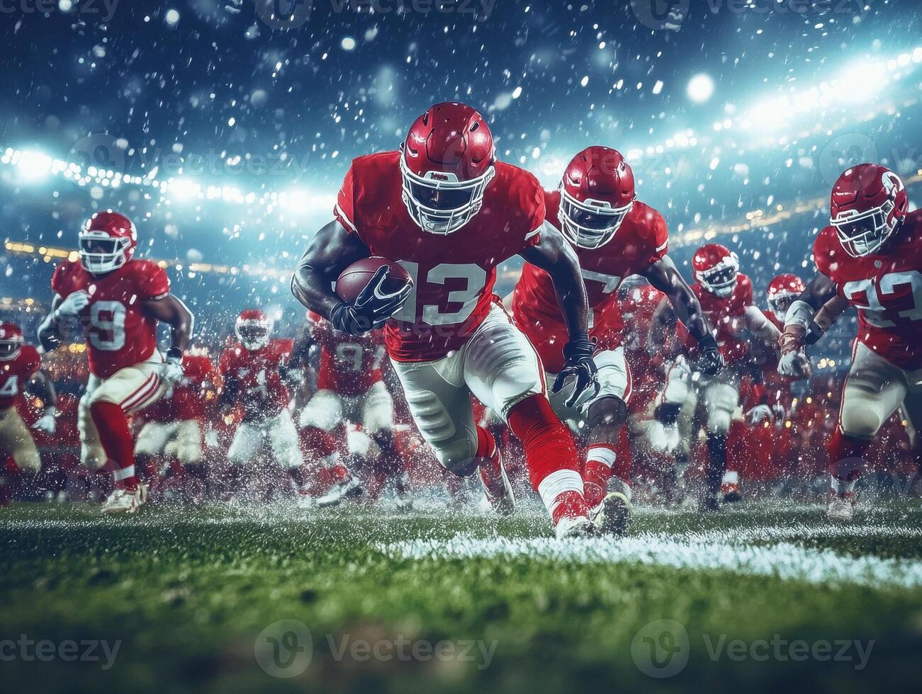 Exciting football match under snowy conditions at a packed stadium photo