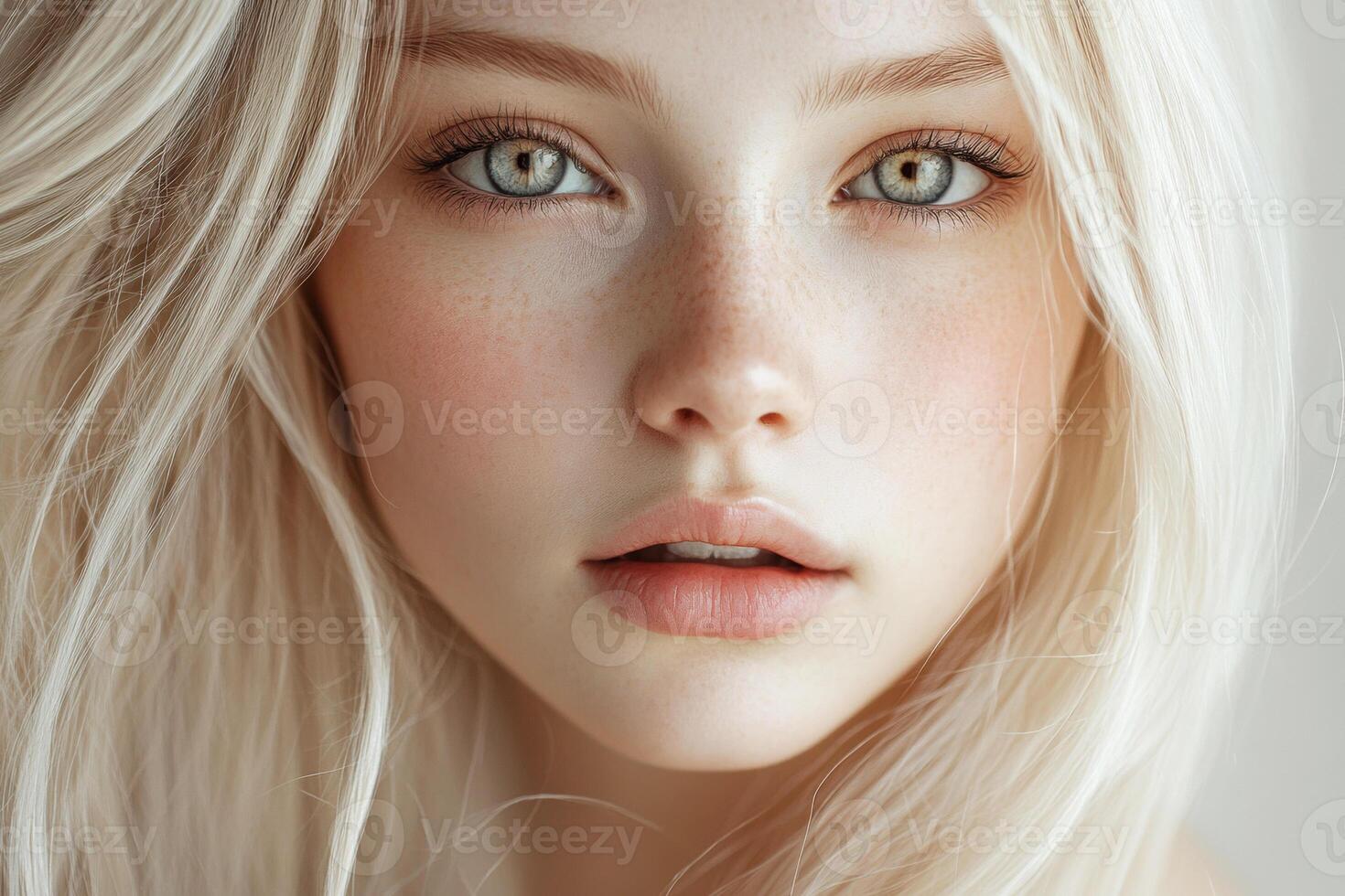 Young woman with striking eyes and light hair in soft lighting photo