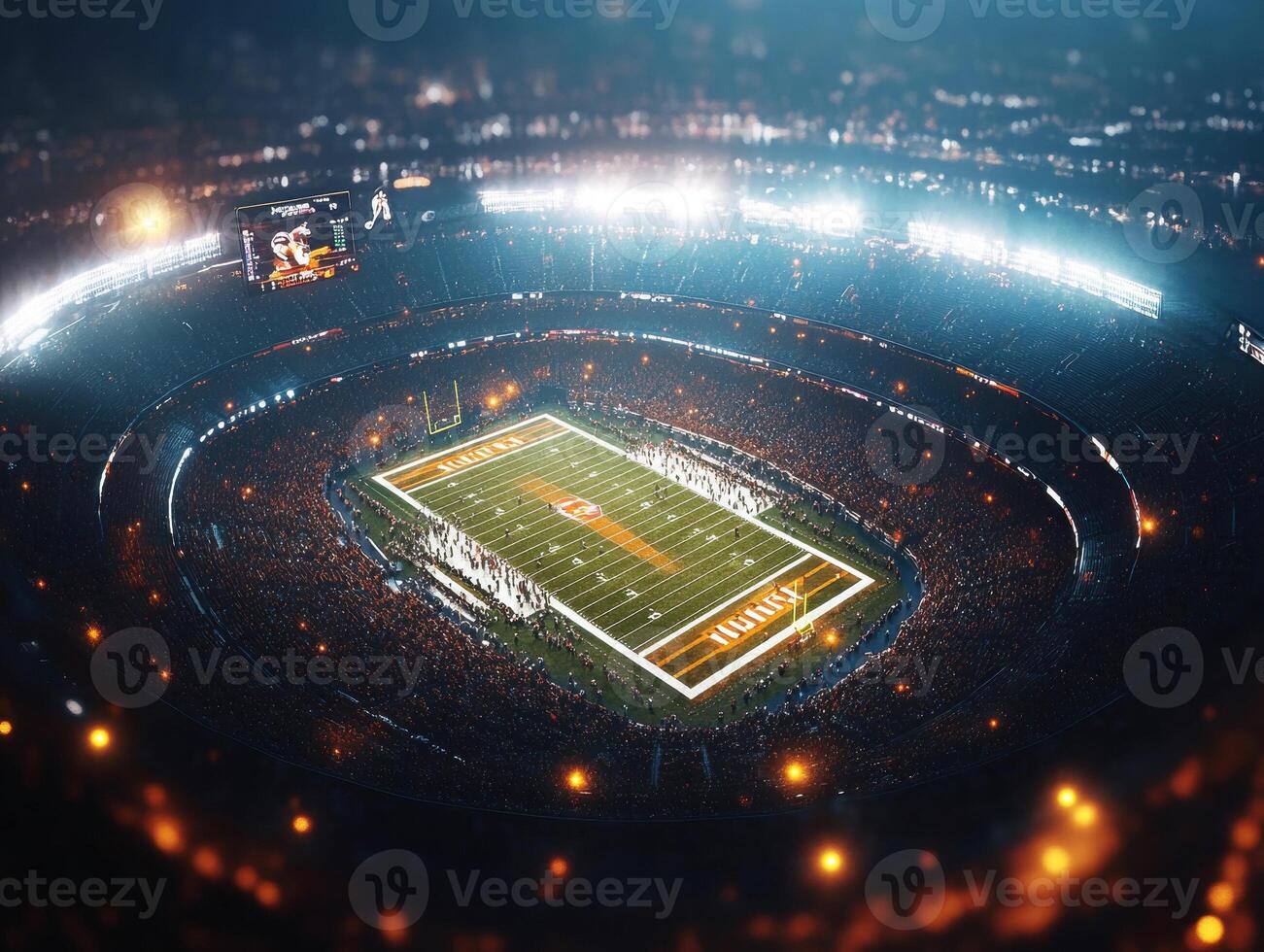 Exciting football game under bright stadium lights at night photo