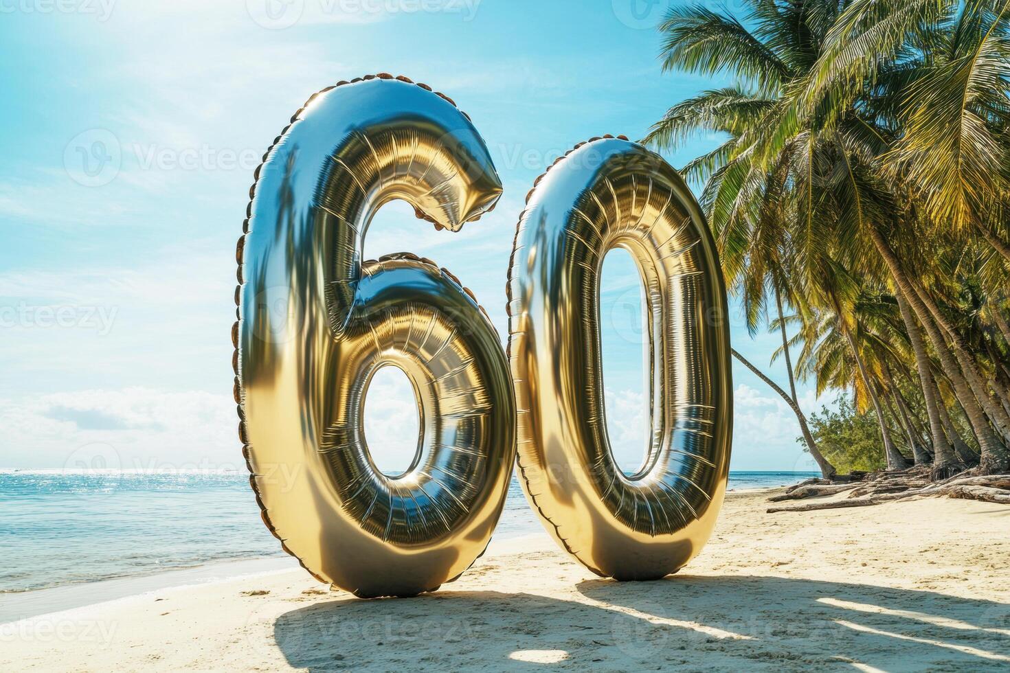 Celebration of a 60th birthday on a sunny beach with palm trees photo